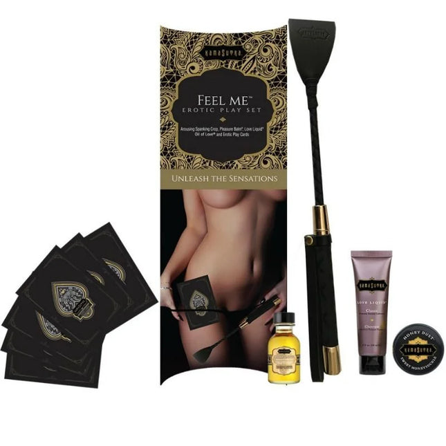 Schwarzes und goldenes Kamasutra Feel Me Erotik-Kit mit Lederpeitsche, Liebesflüssigkeit und sinnlichen Accessoires