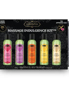 Kamasutra genuss-massageöl-set mit fünf flaschen exotisch duftender massageöle in pink, lila, orange, gelb und gold auf schwarzem musterhintergrund