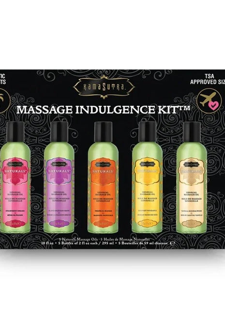 Kamasutra genuss-massageöl-set mit fünf flaschen exotisch duftender massageöle in pink, lila, orange, gelb und gold auf schwarzem musterhintergrund