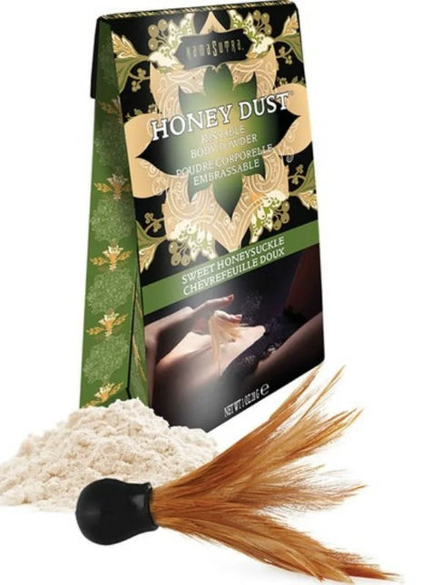 Kamasutra kussbares pulver mit honig-sauge-geschmack 28 gr grün-gold verpackt mit passendem pinsel