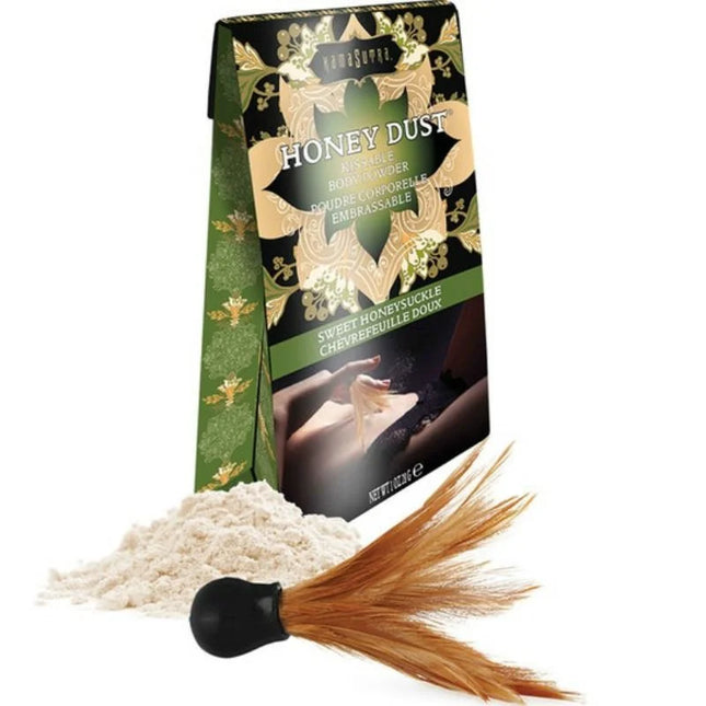 Kamasutra kussbares pulver mit honig-sauge-geschmack 28 gr grün-gold verpackt mit passendem pinsel