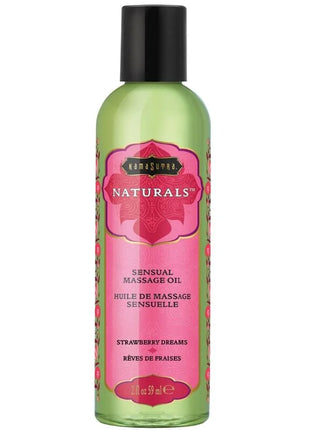 Ein durchscheinendes grünes fläschchen des kama sutra natürlichen massageöls erdbeertume 59 ml mit schwarzem verschluss und rosa blumenetikett