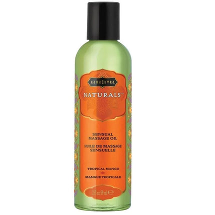 Eine klare grüne flasche kamasutra natürliches tropisches mango massageöl 59 ml mit orangefarbenem etikett und schwarzem verschluss
