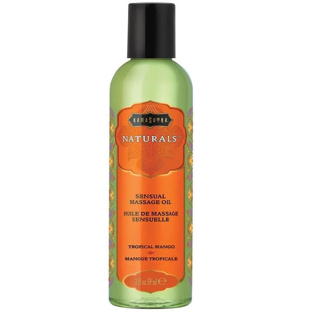 Eine klare grüne flasche kamasutra natürliches tropisches mango massageöl 59 ml mit orangefarbenem etikett und schwarzem verschluss