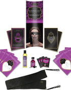 Kamasutra surprise me erotik-kit mit violettem und schwarzem spielset inklusive blindfold, herzförmigen karten, lubrikanten und samtigem quastgurt