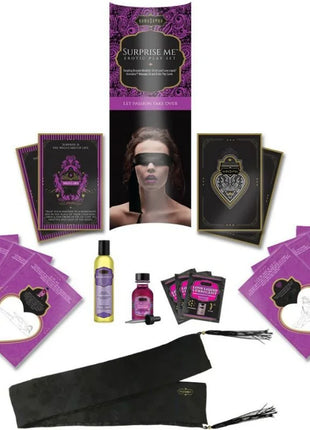 Kamasutra surprise me erotik-kit mit violettem und schwarzem spielset inklusive blindfold, herzförmigen karten, lubrikanten und samtigem quastgurt