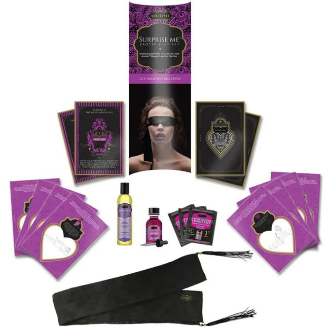 Kamasutra surprise me erotik-kit mit violettem und schwarzem spielset inklusive blindfold, herzförmigen karten, lubrikanten und samtigem quastgurt