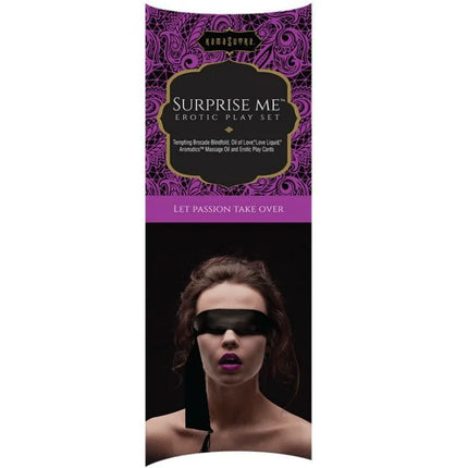 Verpackung des kamasutra surprise me erotik-kits mit lila schwarzem design und frau mit blindfold