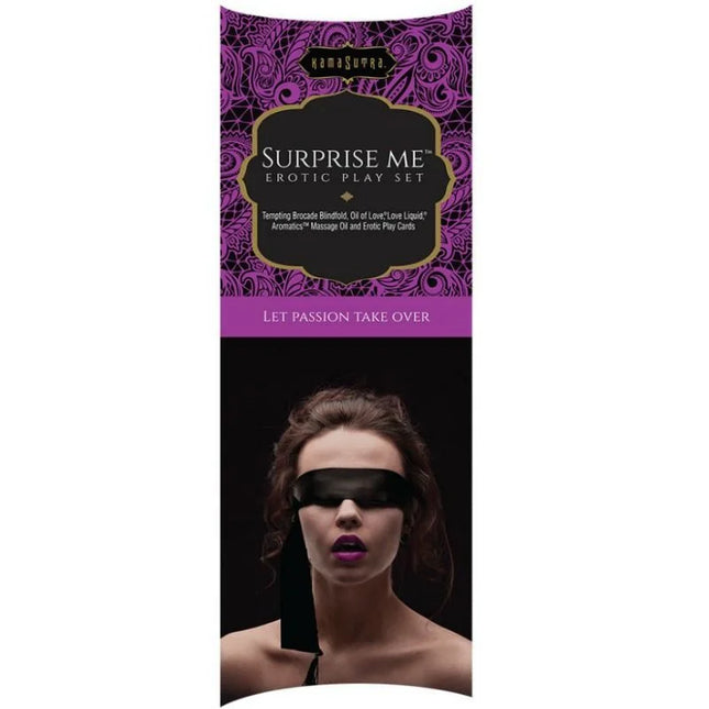 Verpackung des kamasutra surprise me erotik-kits mit lila schwarzem design und frau mit blindfold