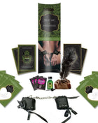 Schwarze lederhandschellen mit silberner kettenverbindung und schwarzen bändern aus dem kamasutra trust me erotisches spielset