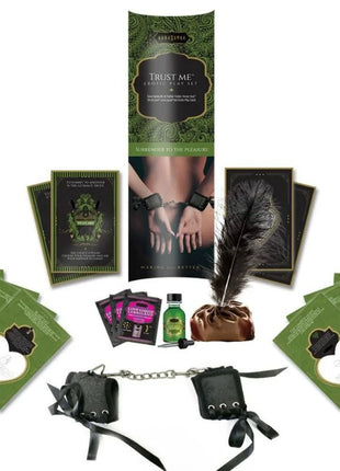 Schwarze lederhandschellen mit silberner kettenverbindung und schwarzen bändern aus dem kamasutra trust me erotisches spielset