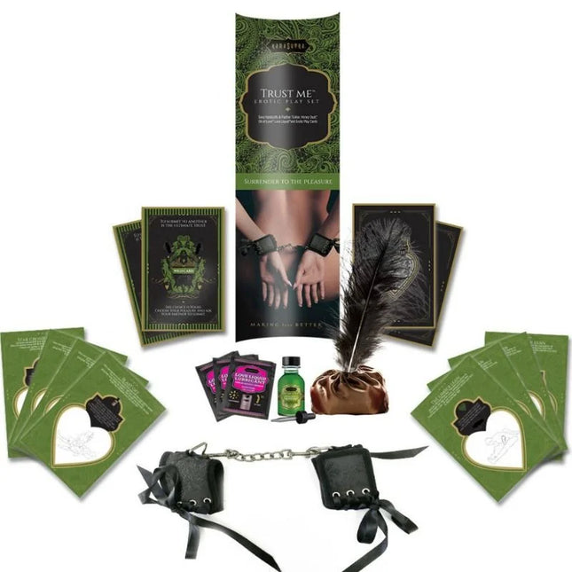 Schwarze lederhandschellen mit silberner kettenverbindung und schwarzen bändern aus dem kamasutra trust me erotisches spielset