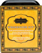 Ein lebhaftes gelb-schwarzes Blechdose weekender kit von Kama Sutra mit Kokosnuss- und Ananasduft