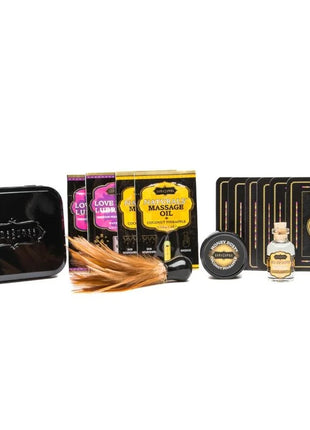 Schwarze metalldose mit geprägtem kamasutra-logo für weekender dose kit kokosnuss und ananas
