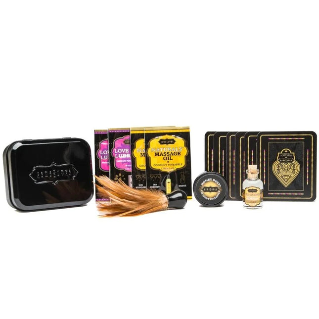 Schwarze metalldose mit geprägtem kamasutra-logo für weekender dose kit kokosnuss und ananas