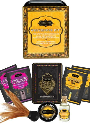 Gold und schwarze verzierte Metalldose weekender kit für spontane romance mit kokosnuss ananas duft
