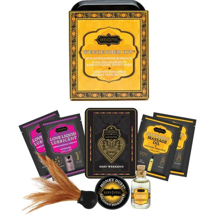 Gold und schwarze verzierte Metalldose weekender kit für spontane romance mit kokosnuss ananas duft