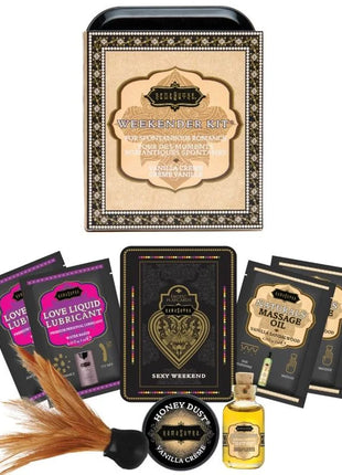 Schwarzes und goldenes weekender kit geschenkset kamasutra mit herzförmiger verzierung und ornamentaler verpackung