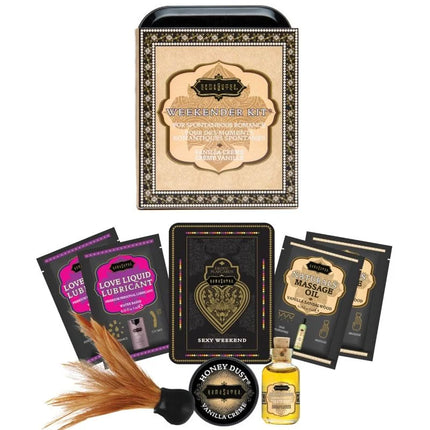 Schwarzes und goldenes weekender kit geschenkset kamasutra mit herzförmiger verzierung und ornamentaler verpackung