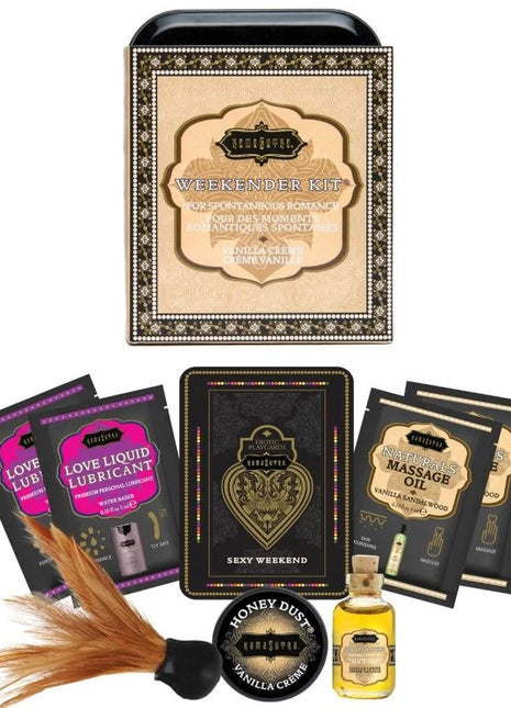 Schwarzes und goldenes weekender kit geschenkset kamasutra mit herzförmiger verzierung und ornamentaler verpackung