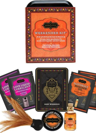 Orange und schwarze verzierte blechdose kamasutra weekender tin kit mit tropischem mango duft für spontane romance