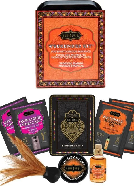 Orange und schwarze verzierte blechdose kamasutra weekender tin kit mit tropischem mango duft für spontane romance