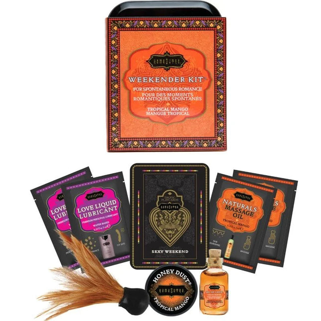 Orange und schwarze verzierte blechdose kamasutra weekender tin kit mit tropischem mango duft für spontane romance