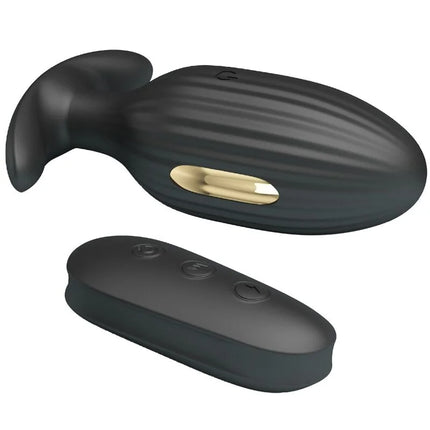 Schwarzer silikon analvibrator kelly plug mit goldakzent und gerillter oberfläche plus passender fernbedienung