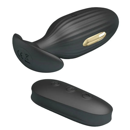 Schwarzer silikon-kelly plug anal vibrator mit goldakzent und passender fernbedienung aus silikon