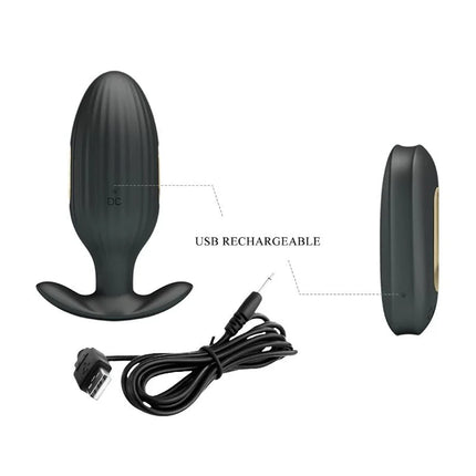 Schwarzer kelly plug anal vibrator mit aufladbarem usb anschluss und geripptem design mit gebogenem sockel