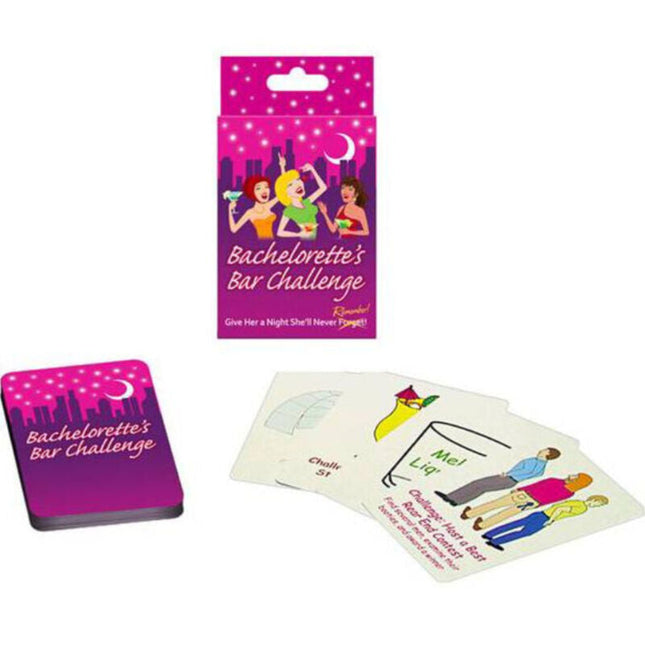 Kheper Games Bachelorette Kartenspiel mit pink lila Verpackung und illustrierten bar themen herausforderungskarten