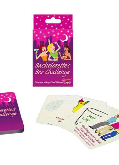 Kheper Games Bachelorette Kartenspiel mit pink lila Verpackung und illustrierten bar themen herausforderungskarten