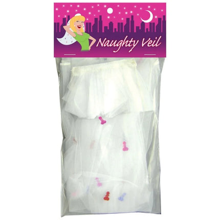 Weißer transparenter schleier mit pinken, roten und blauen stickereien verpackt unter lila header naughty veil von kheper games