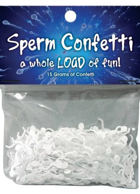 Weißes spermähnliches konfetti aus plastik in einem klaren beutel mit blauem etikett von kheper games