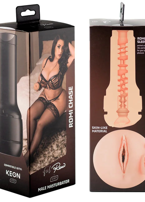 Schwarzer und pfirsichfarbener romi chase männlicher masturbator aus hautähnlichem material kompatibel mit keon von kiiroo
