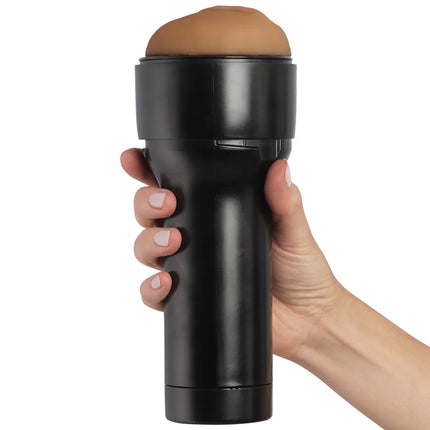 Schwarzes zylindrisches kiiroo feel stroker masturbator stimulatormit tanfarbigem silikonkopf für erwachsene in hellbraun