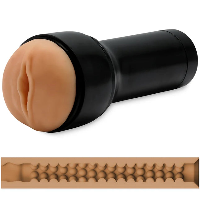 Kiiroo feel stroker masturbator stimulator mit schwarzer zylindrischer grundlage und beige silikonkopf mit strukturierter innenseite