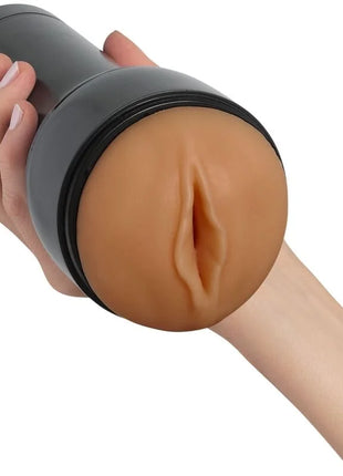 Schwarzer zylindrischer Kiiroo Feel Stroker Masturbator Stimulator mit tan silikonkopf und realistischem vaginalen öffnungsdesign