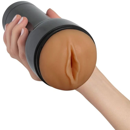 Schwarzer zylindrischer Kiiroo Feel Stroker Masturbator Stimulator mit tan silikonkopf und realistischem vaginalen öffnungsdesign