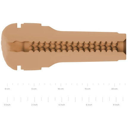 Tanfarbener silikonmasturbator kiiroo feel stroker mit texturierter segmentierter innenstruktur und ergonomischem design