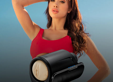 Schwarzer zylindrischer interaktiver masturbator kiiroo feel victoria june mit beigem innenkern und blauen led-anzeigen