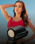 Schwarzer zylindrischer interaktiver masturbator kiiroo feel victoria june mit beigem innenkern und blauen led-anzeigen