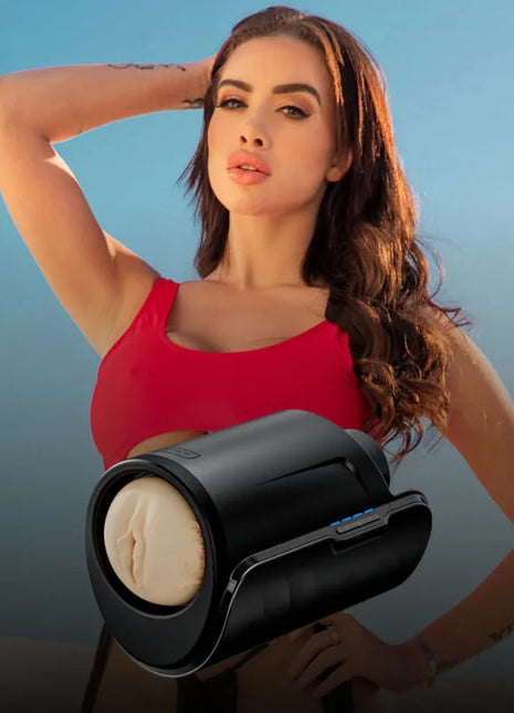 Schwarzer zylindrischer interaktiver masturbator kiiroo feel victoria june mit beigem innenkern und blauen led-anzeigen