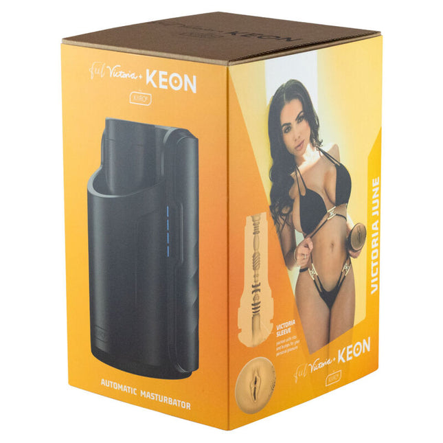 Schwarzer keon automatischer masturbator in orangefarbener verpackung von kiiroo für interaktives vergnügen