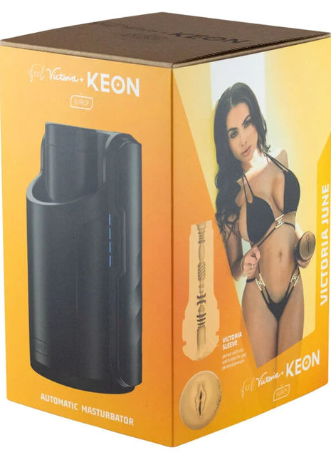 Schwarzer keon automatischer masturbator in orangefarbener verpackung von kiiroo für interaktives vergnügen