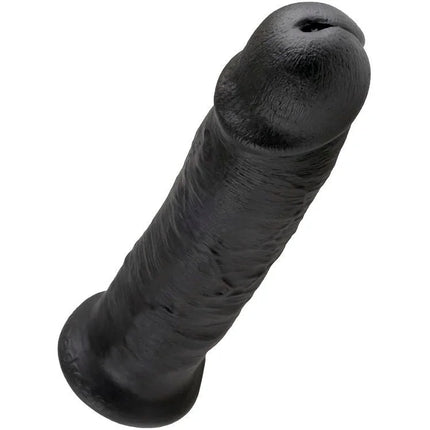 Schwarzer king cock dildo aus strukturiertem silikon mit realistischen oberflächendetails und abgerundetem kopf, 25 cm lang