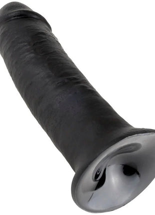 Schwarzer silikon dildo king cock 10 mit glattem, abgestuftem schaft und auffälliger silberner basisdetailierung