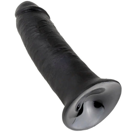 Schwarzer silikon dildo king cock 10 mit glattem, abgestuftem schaft und auffälliger silberner basisdetailierung