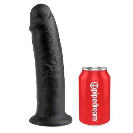 Schwarzer King Cock dildo aus silikon mit realistischer struktur und gerundetem Kopf neben rotem Pipedream can