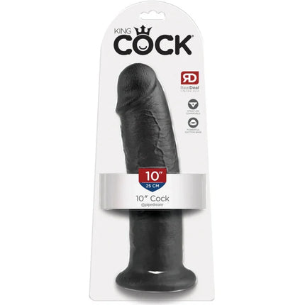 Schwarzer 25 cm king cock dildo mit realistischer hautstruktur und abgerundetem sockel in weißer kartonverpackung